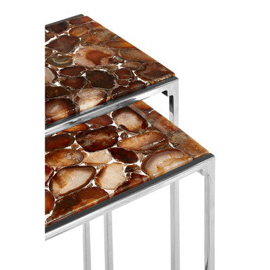 Nest of 2 Side Tables with Natural Agate Onyx Stone Tops and Black Iron Geometric Base | Relic