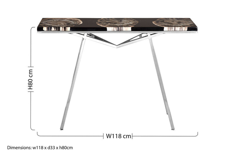 Black Resin and Wooden Console Table with Sleek Stainless Steel Silver Legs | Relic