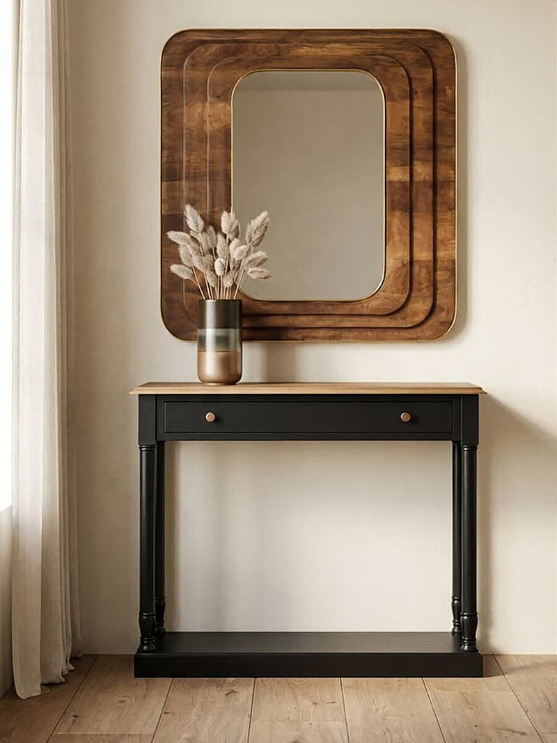 Natural Wooden Top and Black Bayur Wood 1-Drawer Console Table with Brass Handles | Loire