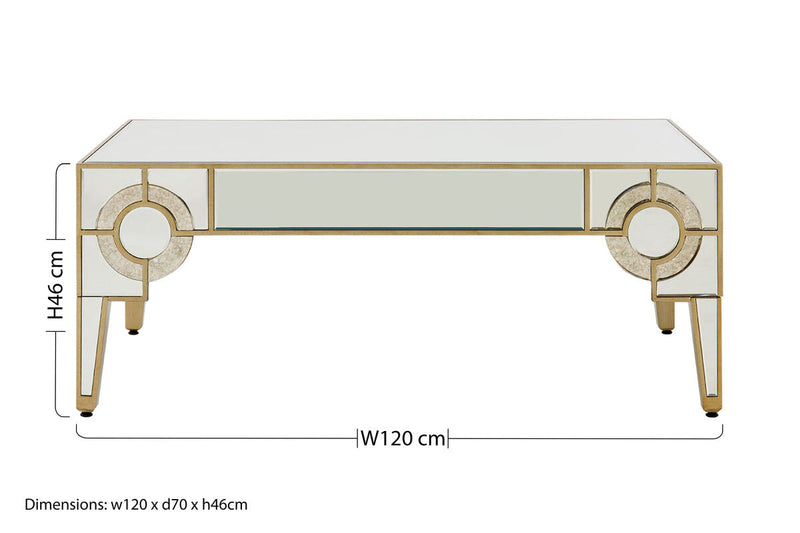 Antique Motif Mirrored Glass Coffee Table with Natural Gold Tone Border | Knightsbridge