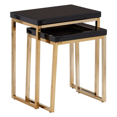Set of 2 Glossy Black Tops Wooden Nesting Tables with Gold Finish Iron Base | Kensington Townhouse