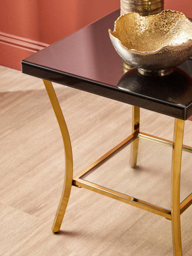 Black Mirror Glass Top and Wooden Side Table with Reflective Gold Curved Iron Legs | Kensington Townhouse