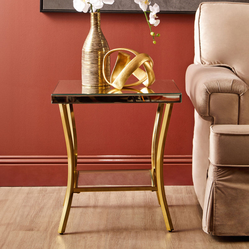 Glossy Black Top Mirror Side Table with Reflective Gold Curved Iron Legs | Kensington Townhouse