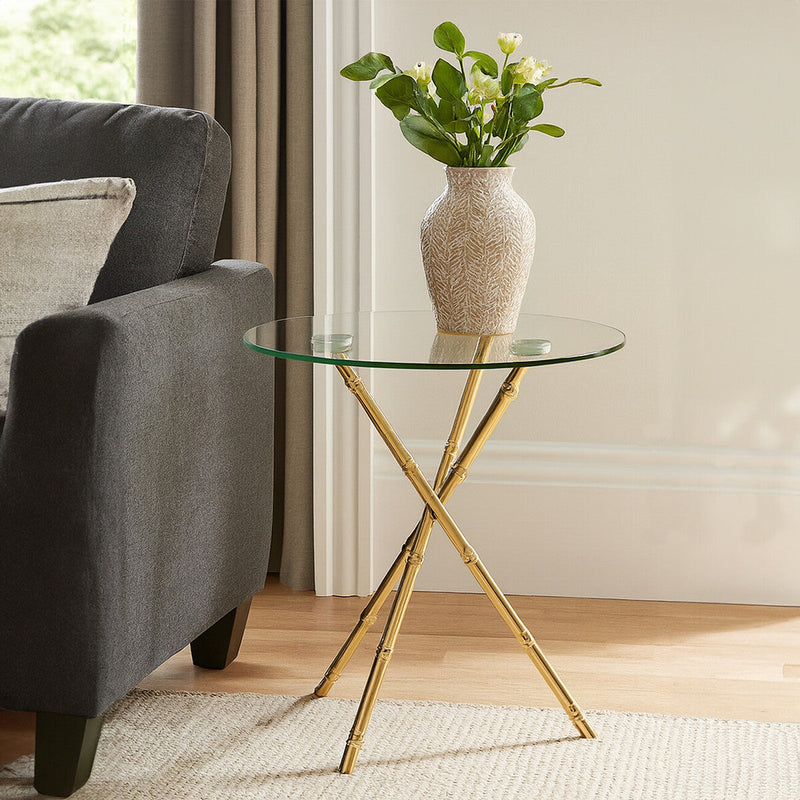 Clear Glass Top Side Table with Gold Bamboo Style Legs | Kensington Townhouse