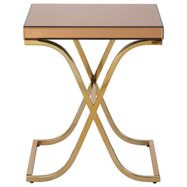 Brown Square Glass Top Side Table with Gold Finish Metallic X-Shaped Base, Kensington Townhouse