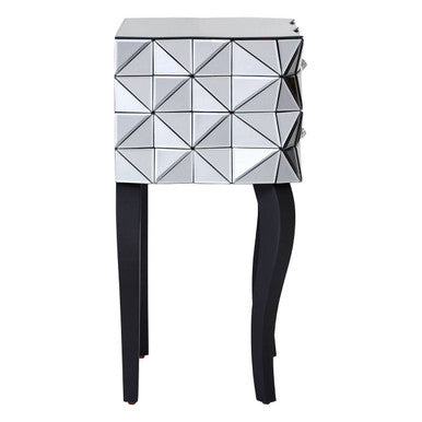 Silver Smoked 3D Geometric Glass Front 2-Drawer Bedside Table with Cut Glass Handles and Cabriole Legs | Soho