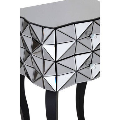 Silver Smoked 3D Geometric Glass Front 2-Drawer Bedside Table with Cut Glass Handles and Cabriole Legs | Soho