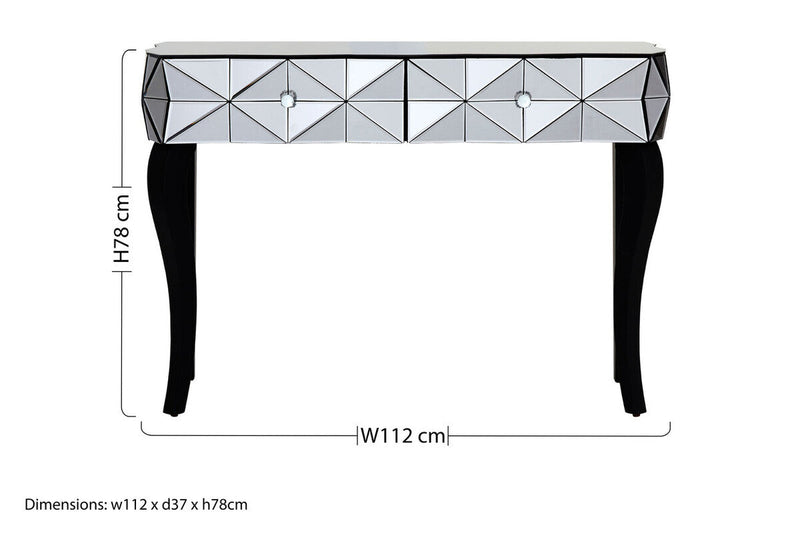 Smoke Mirrored Glass Top Two-Drawer Console Table with 3D Glass Silver Detail and Black Wood Legs, Kensington Townhouse