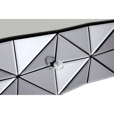 Smoke Mirrored Glass Top Two-Drawer Console Table with 3D Glass Silver Detail and Black Wood Legs, Kensington Townhouse