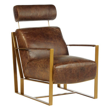 Brown Leather Lounge Chair with Rose Gold Iron Frame | Hoxton
