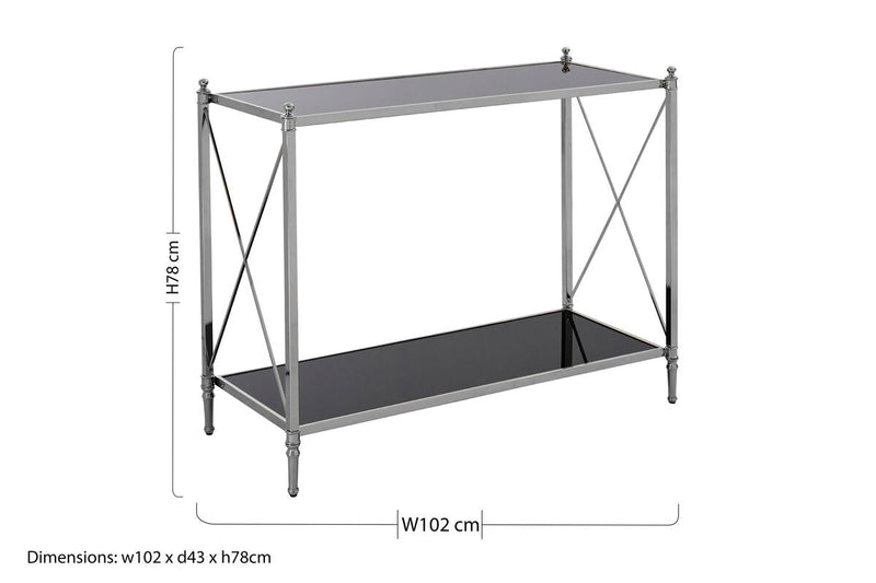 Black Mirrored Glass Two-Tier Console Table with Silver Nickel Finish Frame, Hoffmann
