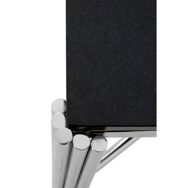 Black Granite Top Art Deco Side Table with Silver Finish X-Shaped Cross, Clarice