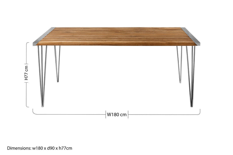 Brown Slatted Teak Wood Dining Table with Nickel Finish Hairpin Legs | Nandri