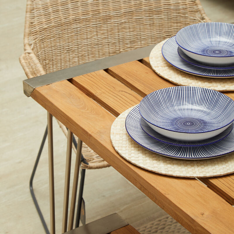 Brown Slatted Teak Wood Dining Table with Nickel Finish Hairpin Legs | Nandri