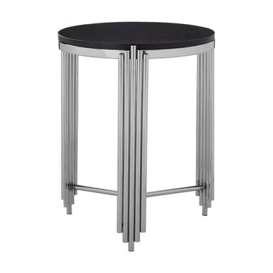 Black Granite Round Side Table with Silver Finish Fluted Effect Legs | Clarice