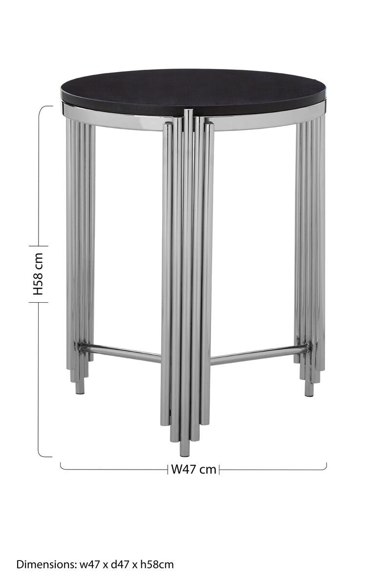 Black Granite Round Side Table with Silver Finish Fluted Effect Legs | Clarice