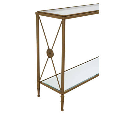 Gold Antique Effect Console Table with Cross End Design and Two-Tier Glass Shelves, Axis