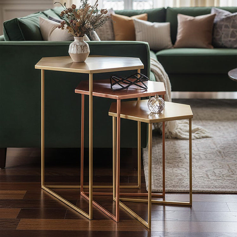Assorted Gold Brass Bronze Set of 3 Nesting Tables with Iron Frames | Templar