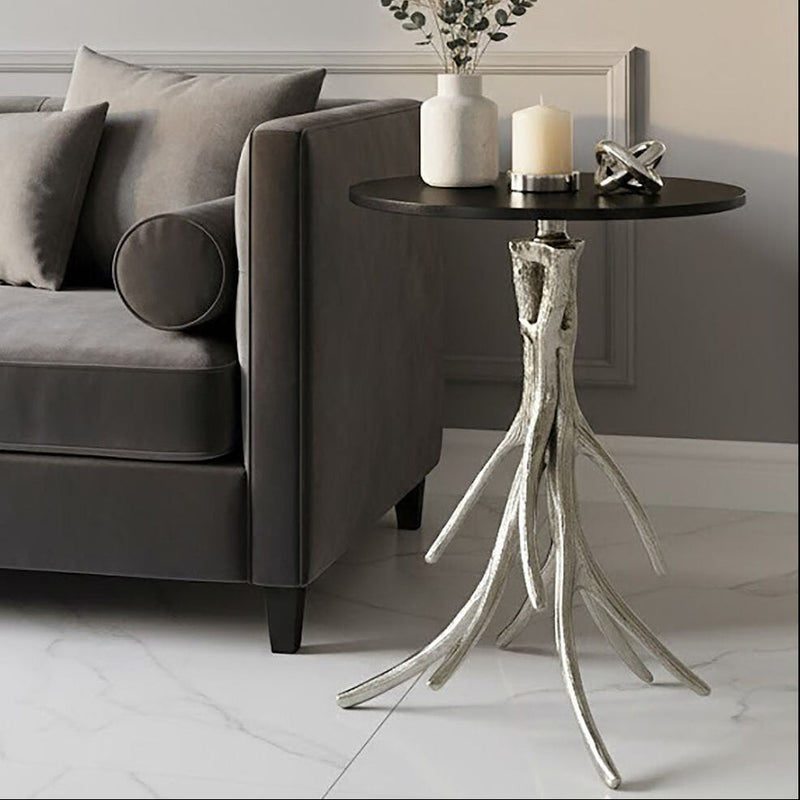 Black Marble Top Round Side Table with Nickel Base | Antler