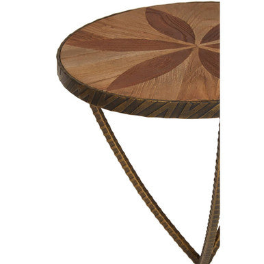 Brown Two Tone Elm Wood Small Side Table with Antique Brass Iron Legs | Elmo