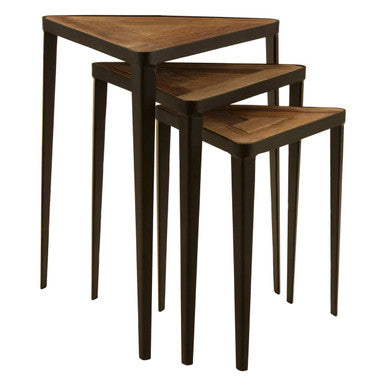 Black and Brown Carved Elm Wood Set of 3 Triangular Tables with Black Iron Legs | Elmo