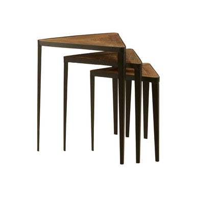 Black and Brown Carved Elm Wood Set of 3 Triangular Tables with Black Iron Legs | Elmo