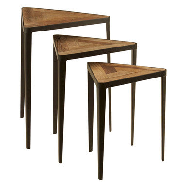Black and Brown Carved Elm Wood Set of 3 Triangular Tables with Black Iron Legs | Elmo