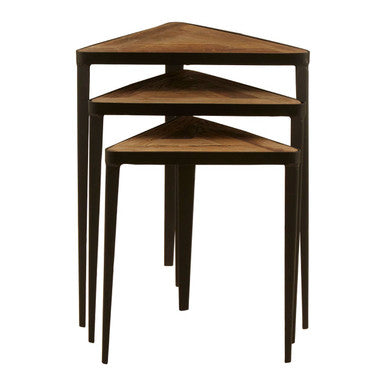 Black and Brown Carved Elm Wood Set of 3 Triangular Tables with Black Iron Legs | Elmo