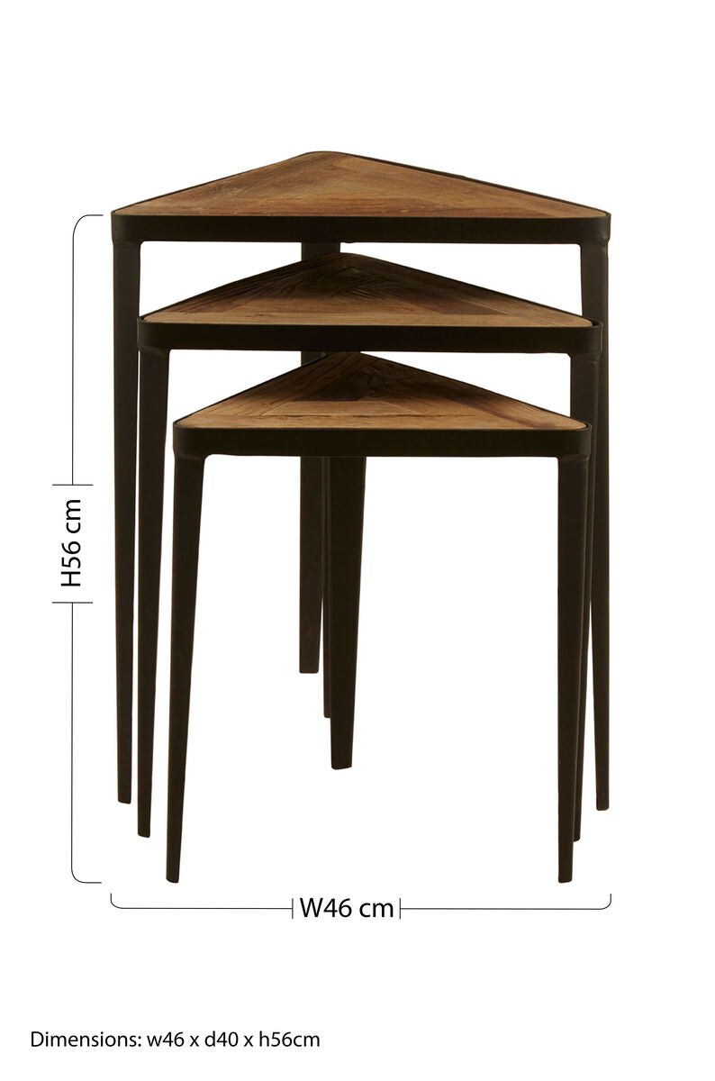Black and Brown Carved Elm Wood Set of 3 Triangular Tables with Black Iron Legs | Elmo