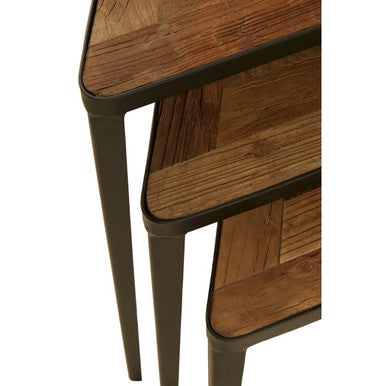 Black and Brown Carved Elm Wood Set of 3 Triangular Tables with Black Iron Legs | Elmo