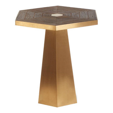 Gold and Natural Large Hexagon End Table with Grooved Elm Wood Top | Titan