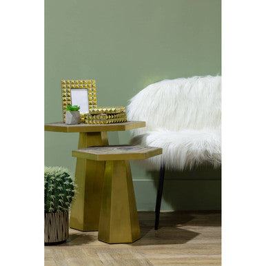Gold and Natural Large Hexagon End Table with Grooved Elm Wood Top | Titan
