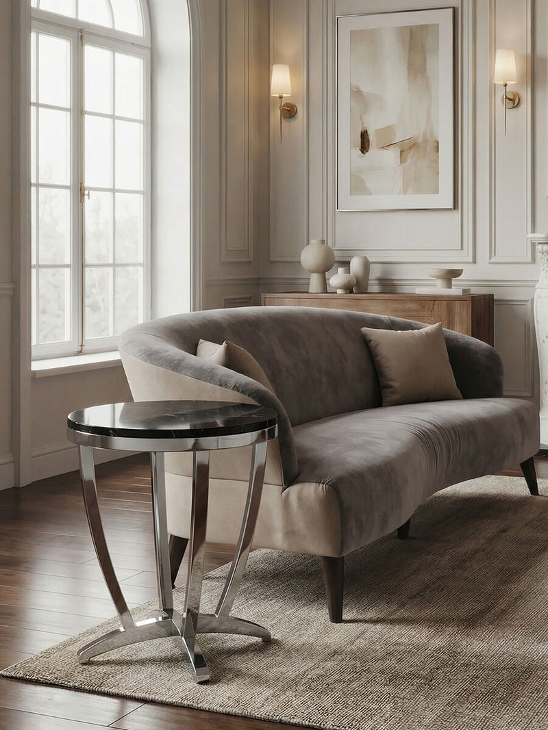 Black and Silver Contemporary Luxe Side Table with Tempered Glass Top | Yasmin