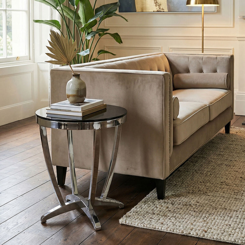 Black and Silver Contemporary Luxe Side Table with Tempered Glass Top | Yasmin