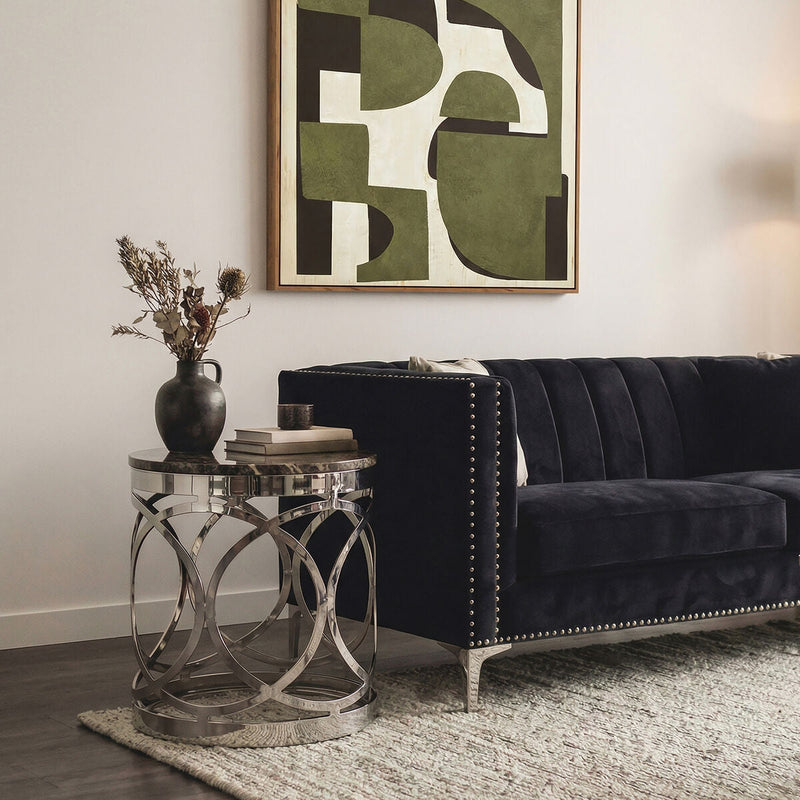 White Marble Top Contemporary Side Table with Reflective Stainless Steel Base | Yasmin