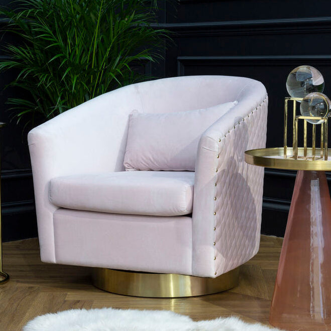 Pink Velvet Swivel Chair with Gold Base | Plazoni