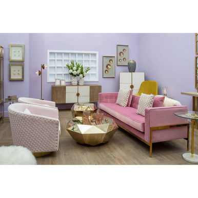 Pink Velvet Swivel Chair with Gold Base | Plazoni