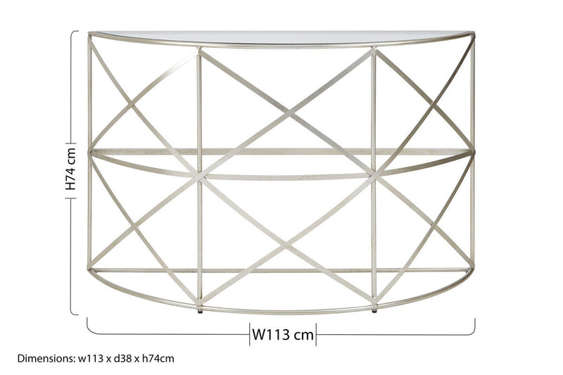 Silver Finish Iron Frame Demilune Console Table with Clear Glass Top | Rubia