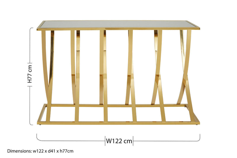 Gold Mirrored Top Console Table with Sweeping Stainless Steel Frame | Reena