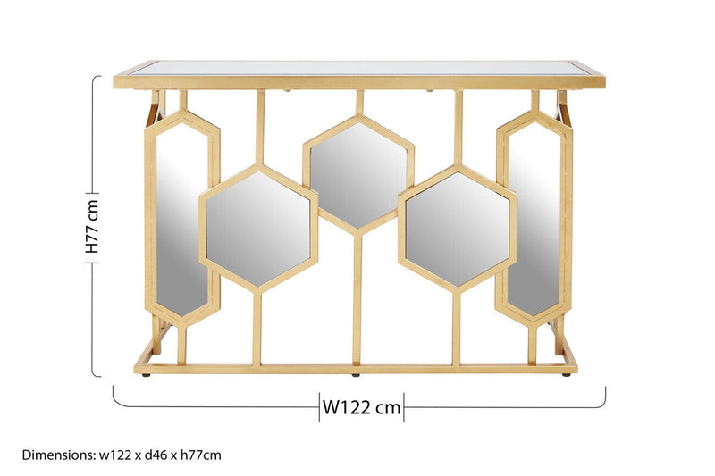 Gold Finish Iron Frame Console Table with Rectangular Mirrored Top | Rio