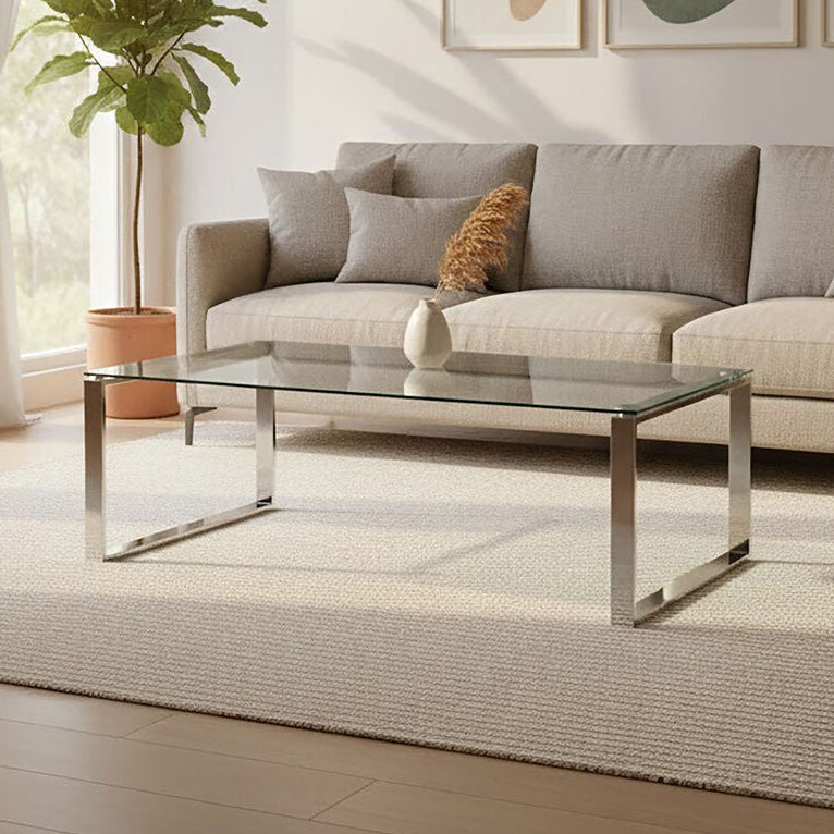 Silver Stainless Steel Coffee Table with Black Tempered Glass | Allure