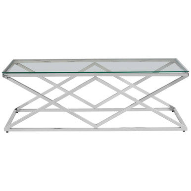 Silver Reflective Stainless Steel Coffee Table with Clear Tempered Glass Top | Allure