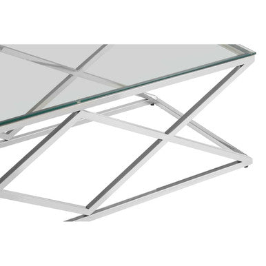 Silver Reflective Stainless Steel Coffee Table with Clear Tempered Glass Top | Allure