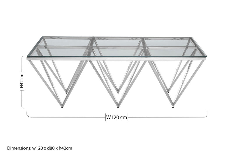 Silver Prismatic Base Coffee Table with Clear Glass Top and 6 Pincer Style Legs | Allure