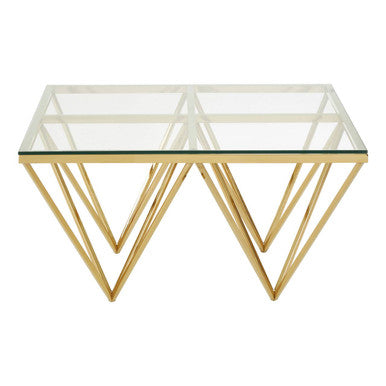 Gold Prismatic Square Coffee Table with Clear Glass Top and Pincer Style Legs | Allure