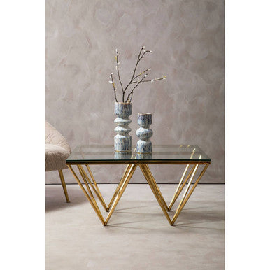 Gold Prismatic Square Coffee Table with Clear Glass Top and Pincer Style Legs | Allure