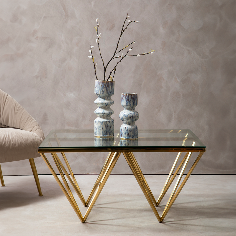 Gold Prismatic Square Coffee Table with Clear Glass Top and Pincer Style Legs | Allure