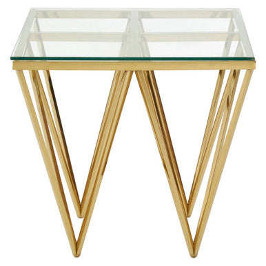 Gold Finish Side Table with Tempered Glass Top and Sculptural Metal Base | Allure