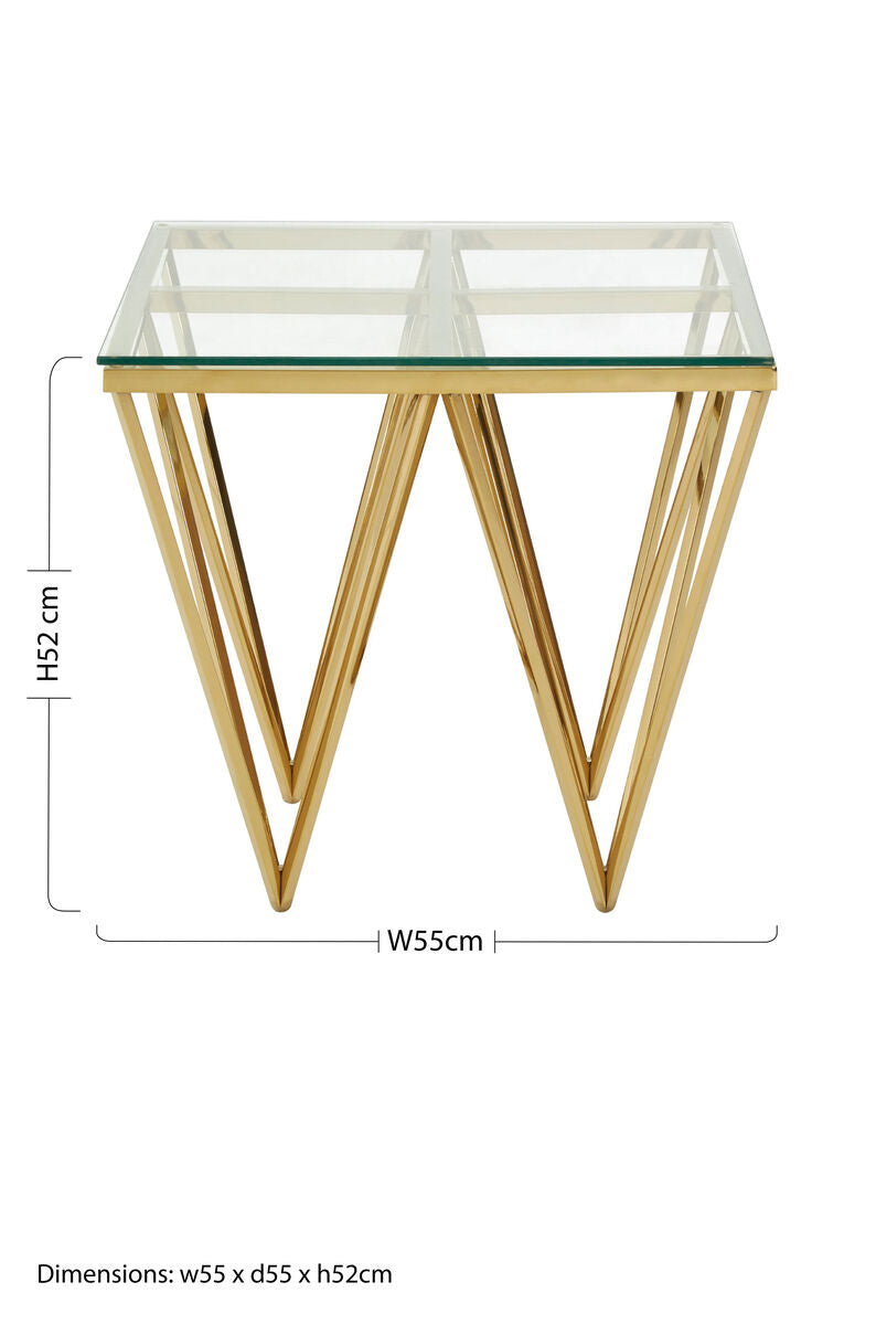 Gold Finish Side Table with Tempered Glass Top and Sculptural Metal Base | Allure