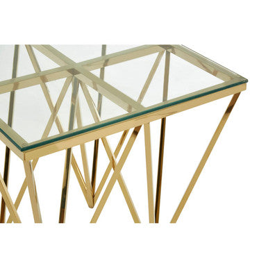 Gold Finish Side Table with Tempered Glass Top and Sculptural Metal Base | Allure